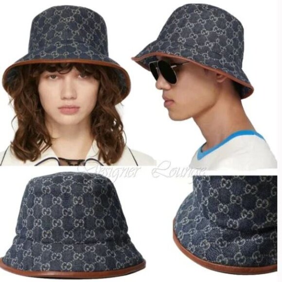 NWT GUCCI GG Blue Denim Brown Leather Trim Bucket Hat M 58 cm 576371 UNISEX - Picture 1 of 9